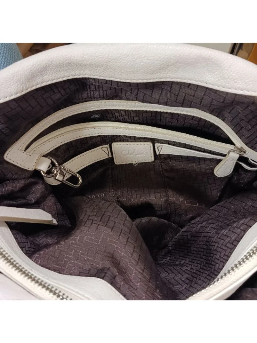 Cole Haan Leather Buckle Trim Multi Pocket Shoulder Bag Womens Ivory Brown